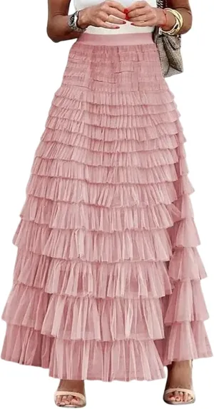Yimoon Womens Long Maxi Tulle Skirts A Line High Waisted Tiered Layered Midi Skirt Tutu Ruffle Pleated Mesh Petticoat