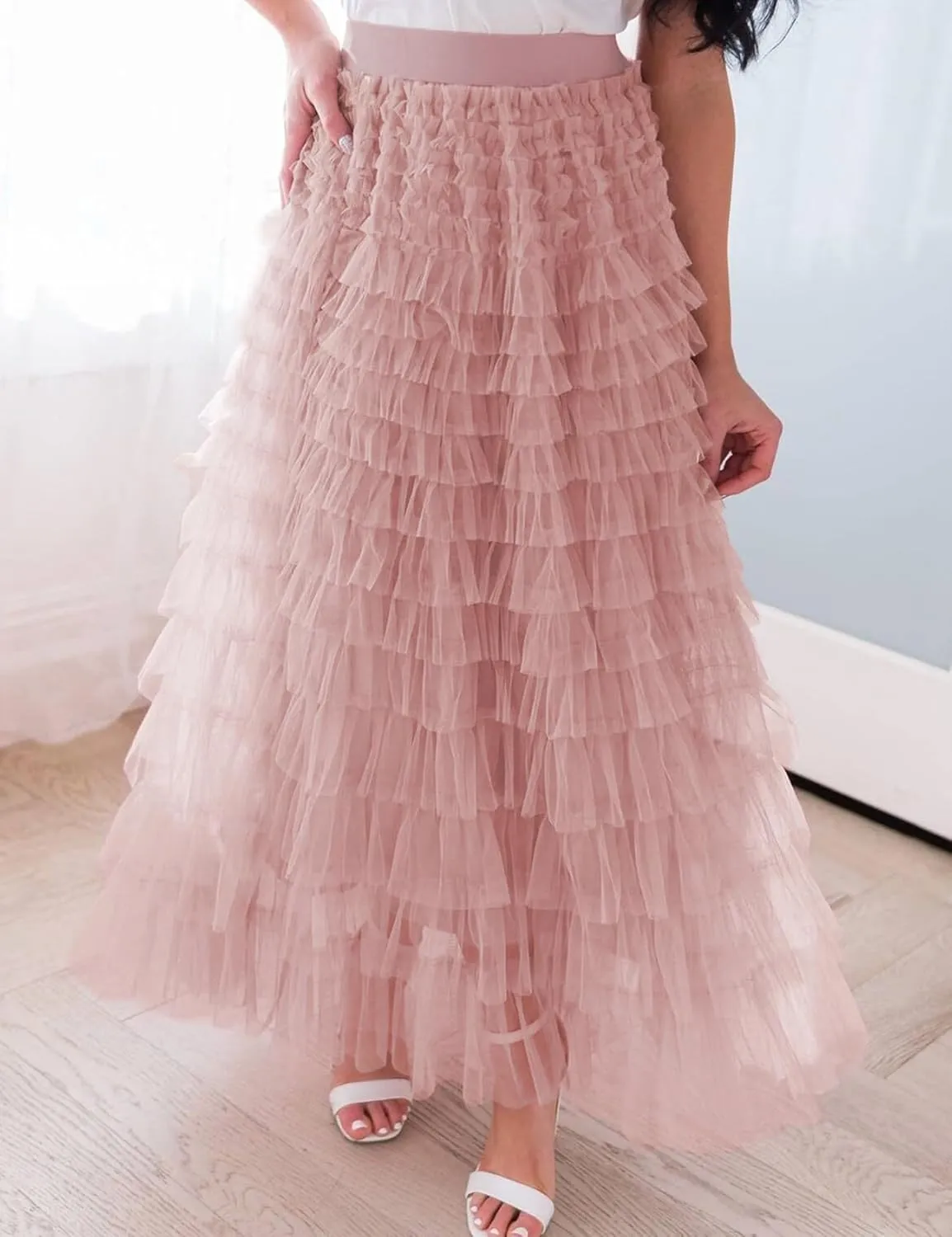Yimoon Womens Long Maxi Tulle Skirts A Line High Waisted Tiered Layered Midi Skirt Tutu Ruffle Pleated Mesh Petticoat