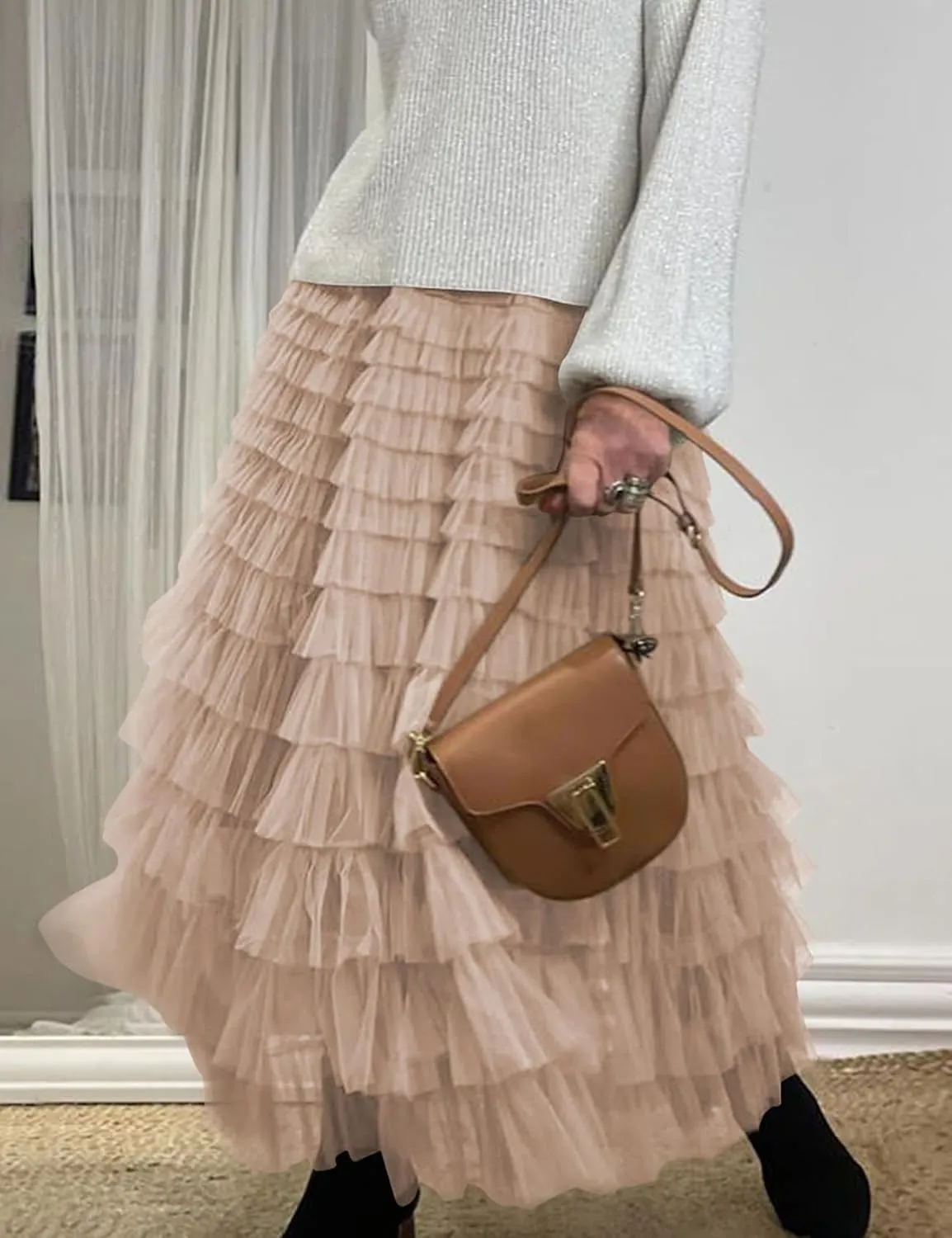 Yimoon Womens Long Maxi Tulle Skirts A Line High Waisted Tiered Layered Midi Skirt Tutu Ruffle Pleated Mesh Petticoat