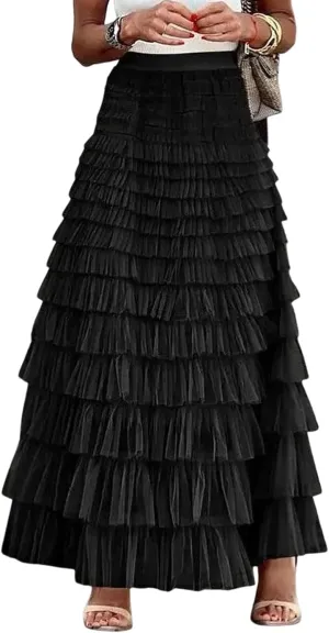 Yimoon Womens Long Maxi Tulle Skirts A Line High Waisted Tiered Layered Midi Skirt Tutu Ruffle Pleated Mesh Petticoat