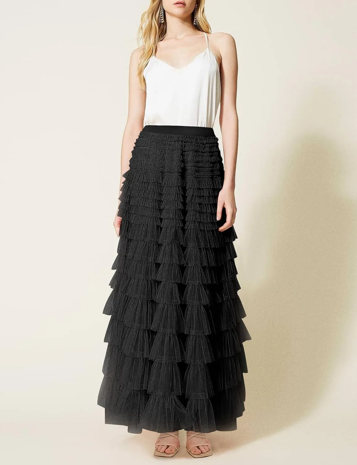 Yimoon Womens Long Maxi Tulle Skirts A Line High Waisted Tiered Layered Midi Skirt Tutu Ruffle Pleated Mesh Petticoat
