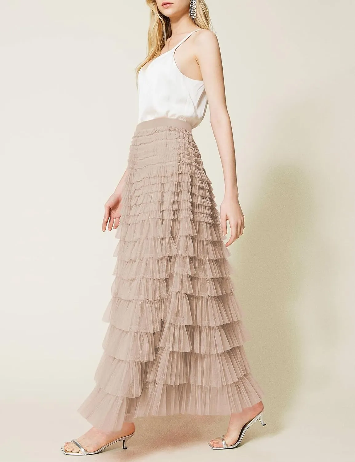 Yimoon Womens Long Maxi Tulle Skirts A Line High Waisted Tiered Layered Midi Skirt Tutu Ruffle Pleated Mesh Petticoat