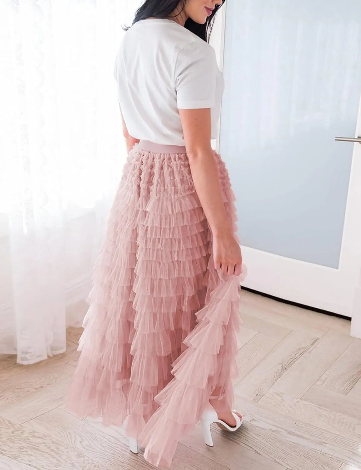 Yimoon Womens Long Maxi Tulle Skirts A Line High Waisted Tiered Layered Midi Skirt Tutu Ruffle Pleated Mesh Petticoat