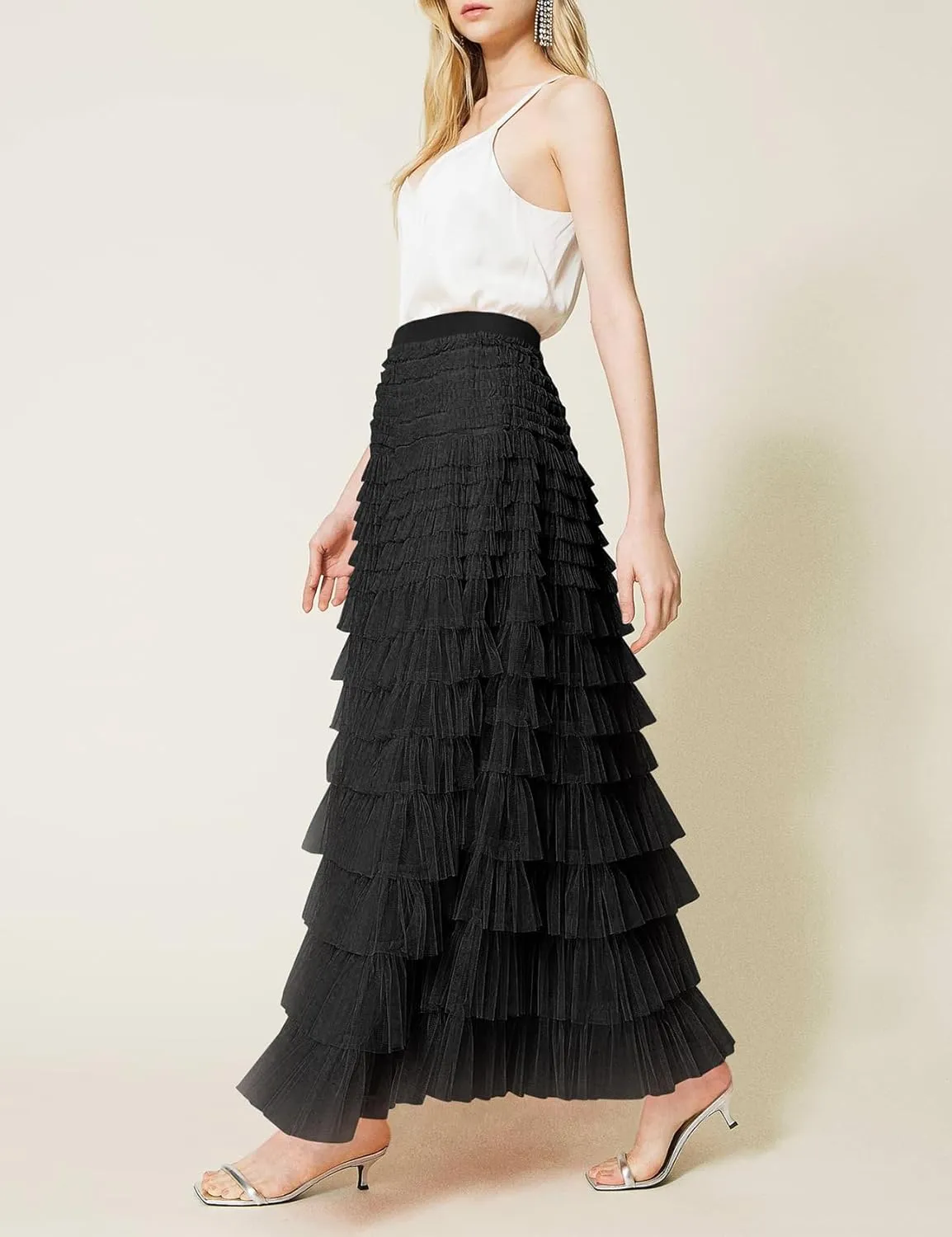 Yimoon Womens Long Maxi Tulle Skirts A Line High Waisted Tiered Layered Midi Skirt Tutu Ruffle Pleated Mesh Petticoat
