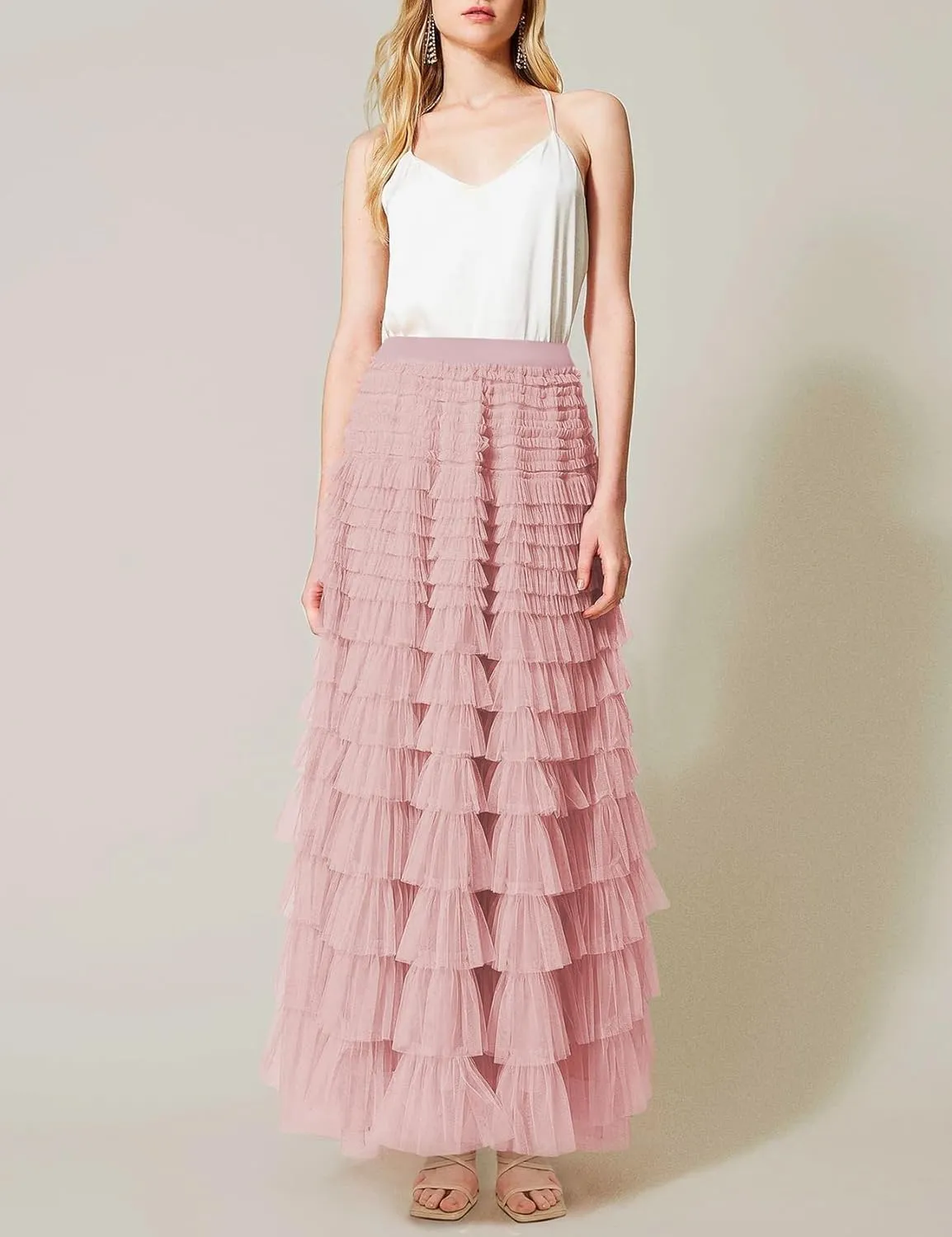 Yimoon Womens Long Maxi Tulle Skirts A Line High Waisted Tiered Layered Midi Skirt Tutu Ruffle Pleated Mesh Petticoat