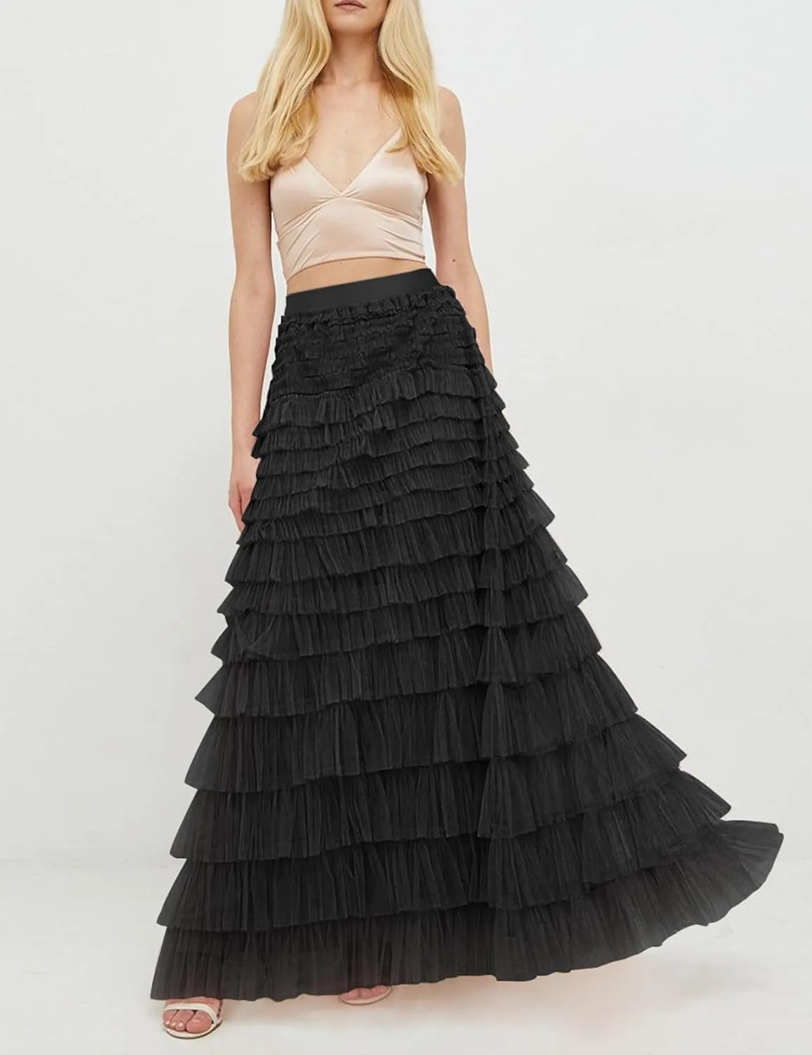 Yimoon Womens Long Maxi Tulle Skirts A Line High Waisted Tiered Layered Midi Skirt Tutu Ruffle Pleated Mesh Petticoat