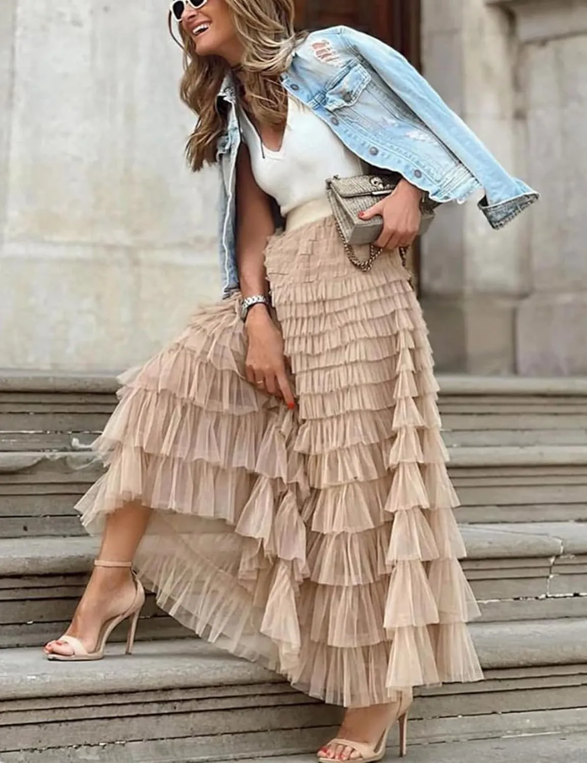 Yimoon Womens Long Maxi Tulle Skirts A Line High Waisted Tiered Layered Midi Skirt Tutu Ruffle Pleated Mesh Petticoat