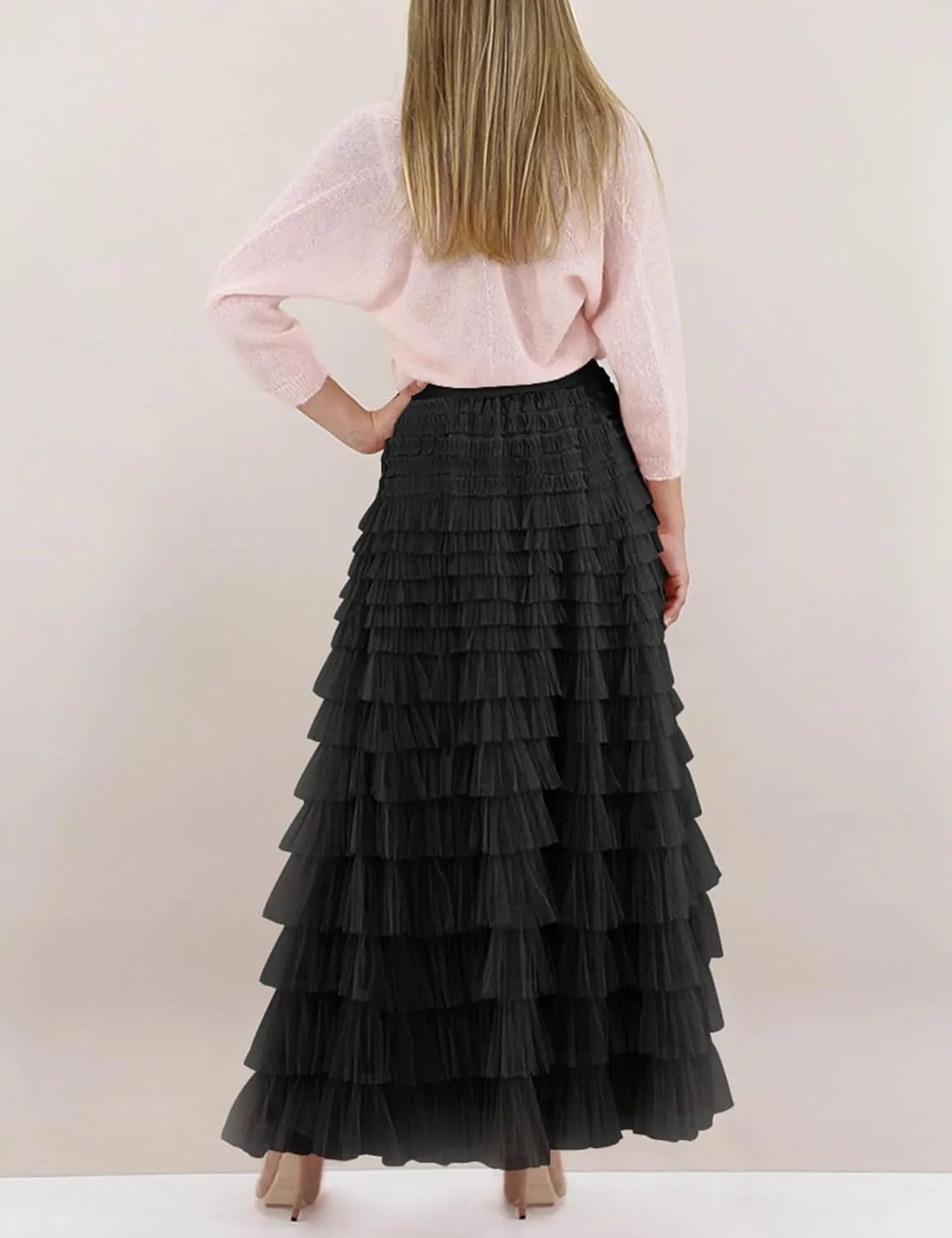 Yimoon Womens Long Maxi Tulle Skirts A Line High Waisted Tiered Layered Midi Skirt Tutu Ruffle Pleated Mesh Petticoat