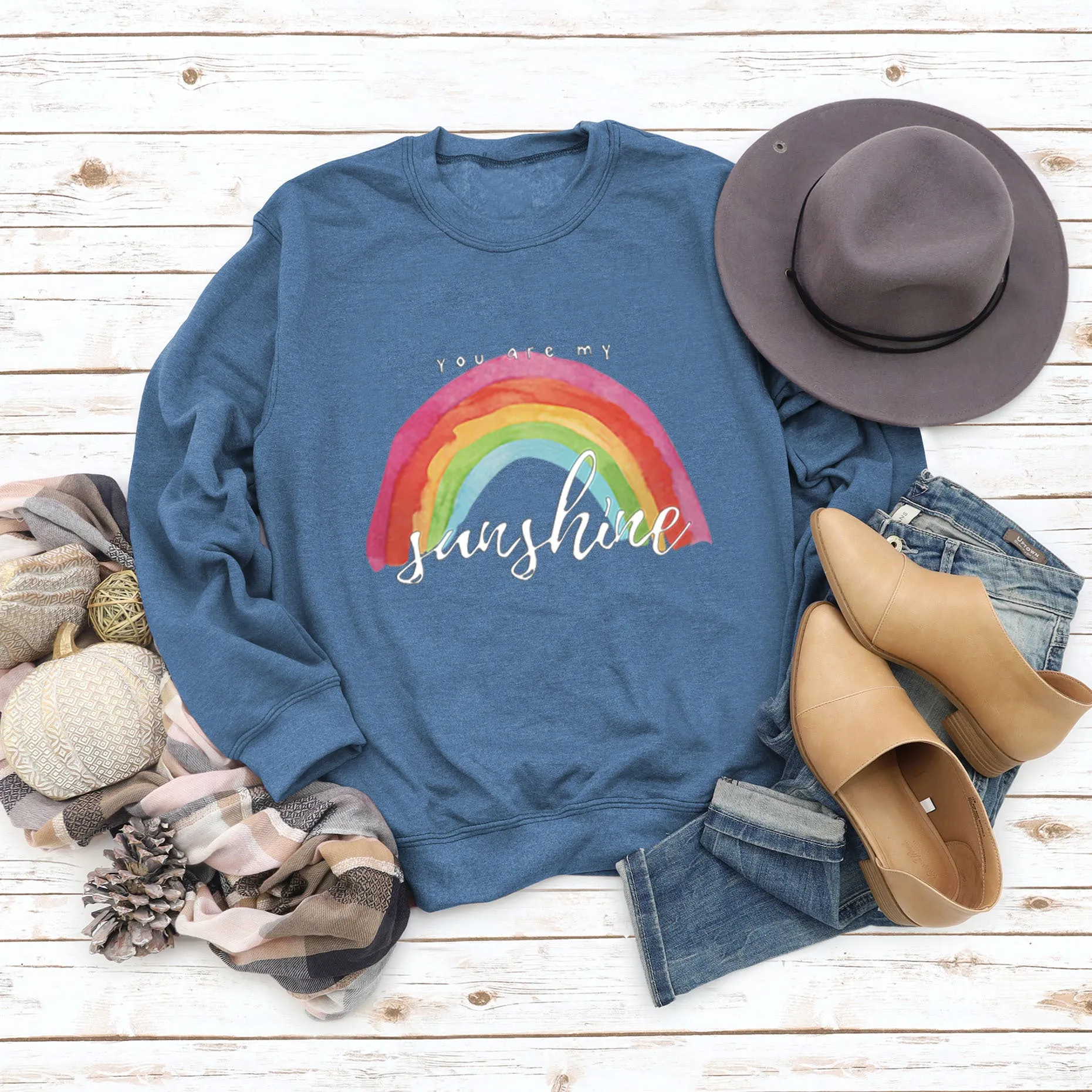 You Are My Sunshine Rainbow Letter Print Sweater for Women