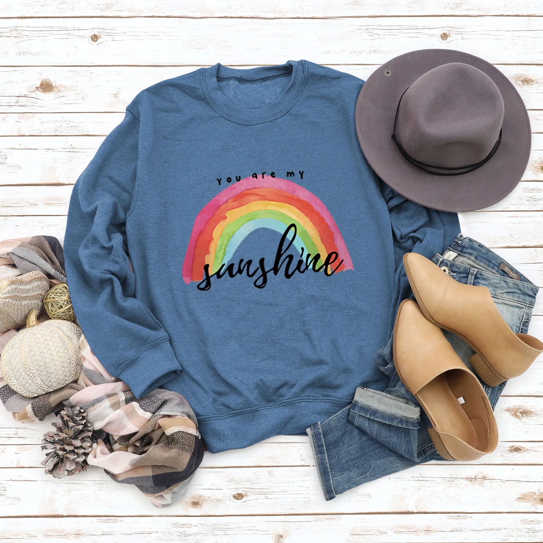 You Are My Sunshine Rainbow Letter Print Sweater for Women