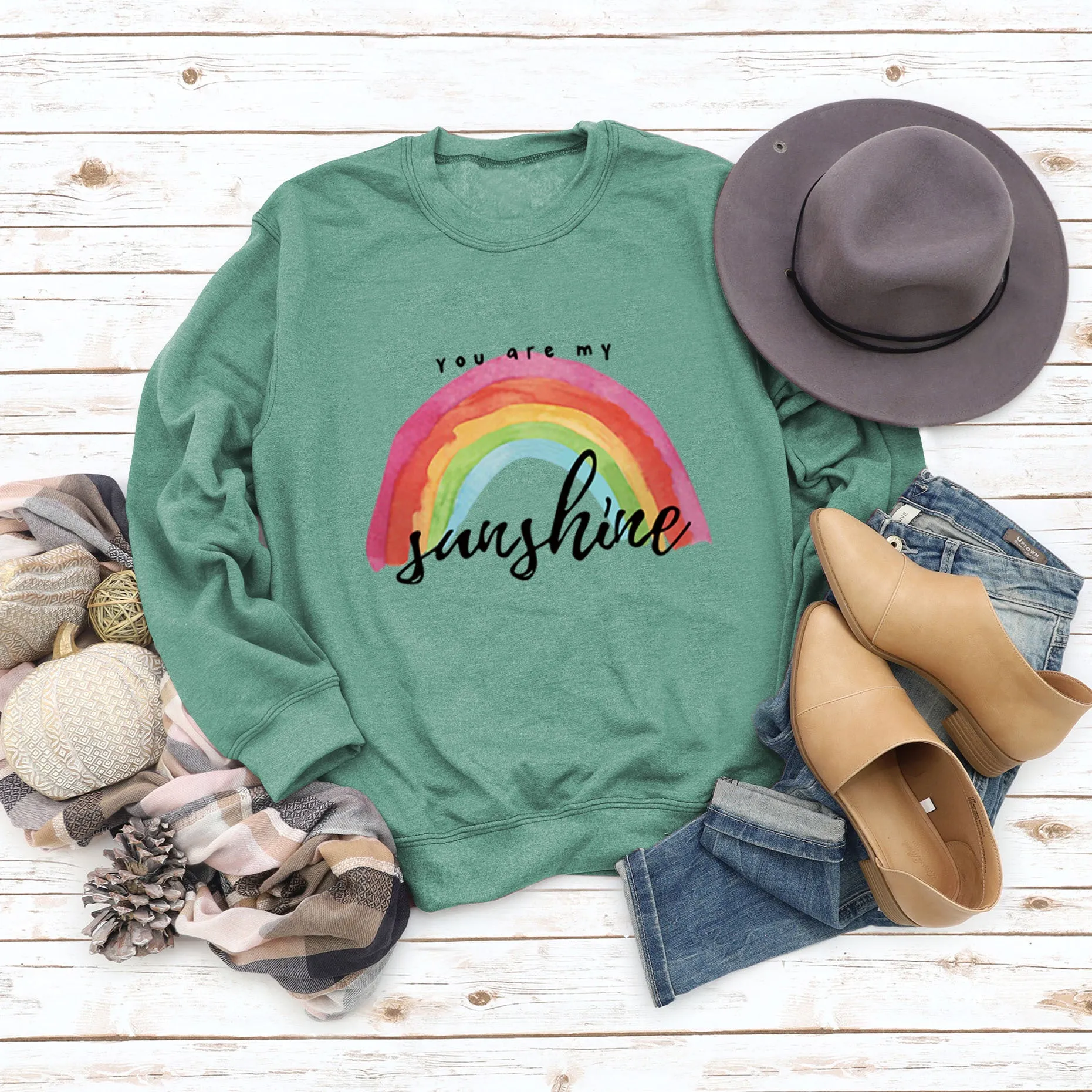 You Are My Sunshine Rainbow Letter Print Sweater for Women