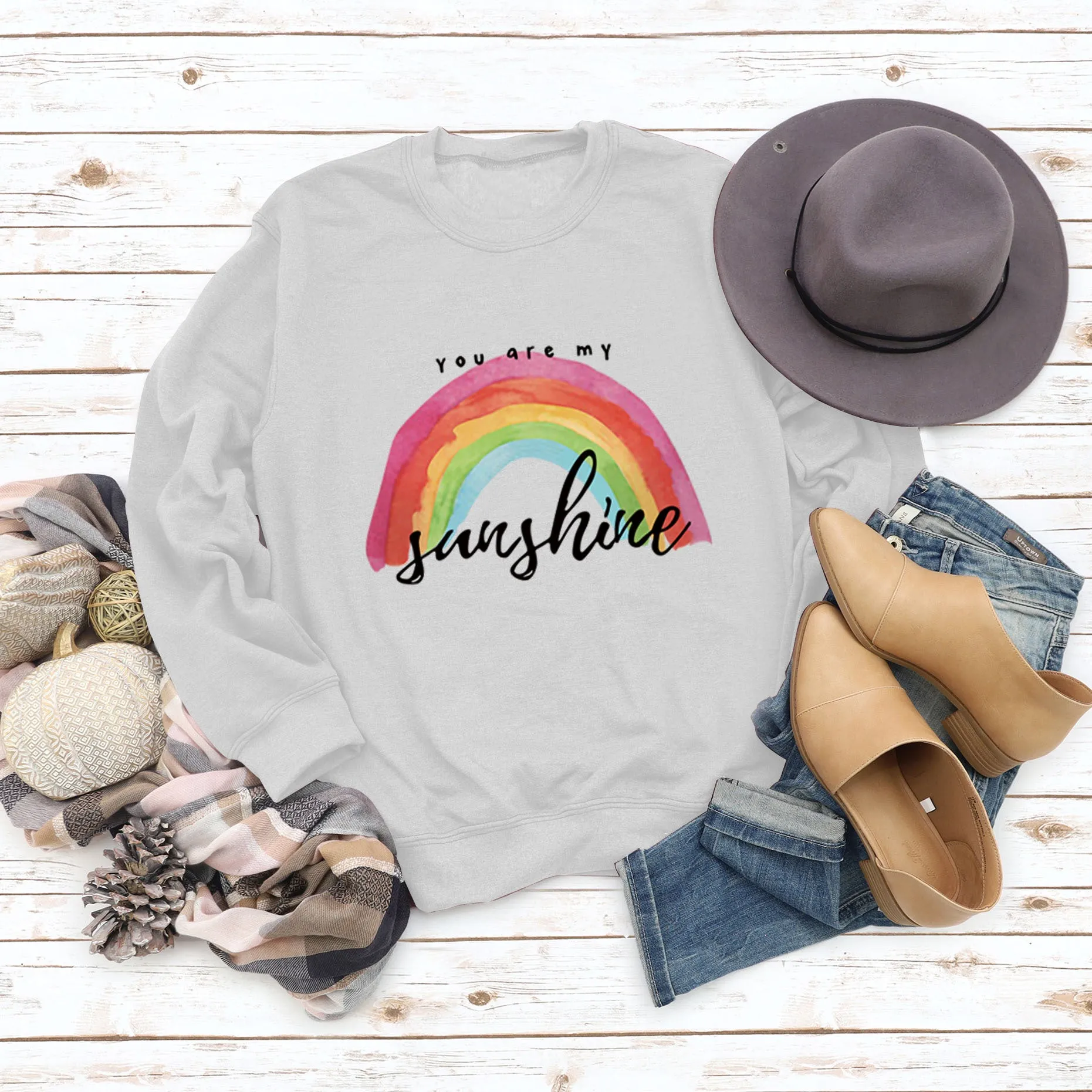 You Are My Sunshine Rainbow Letter Print Sweater for Women