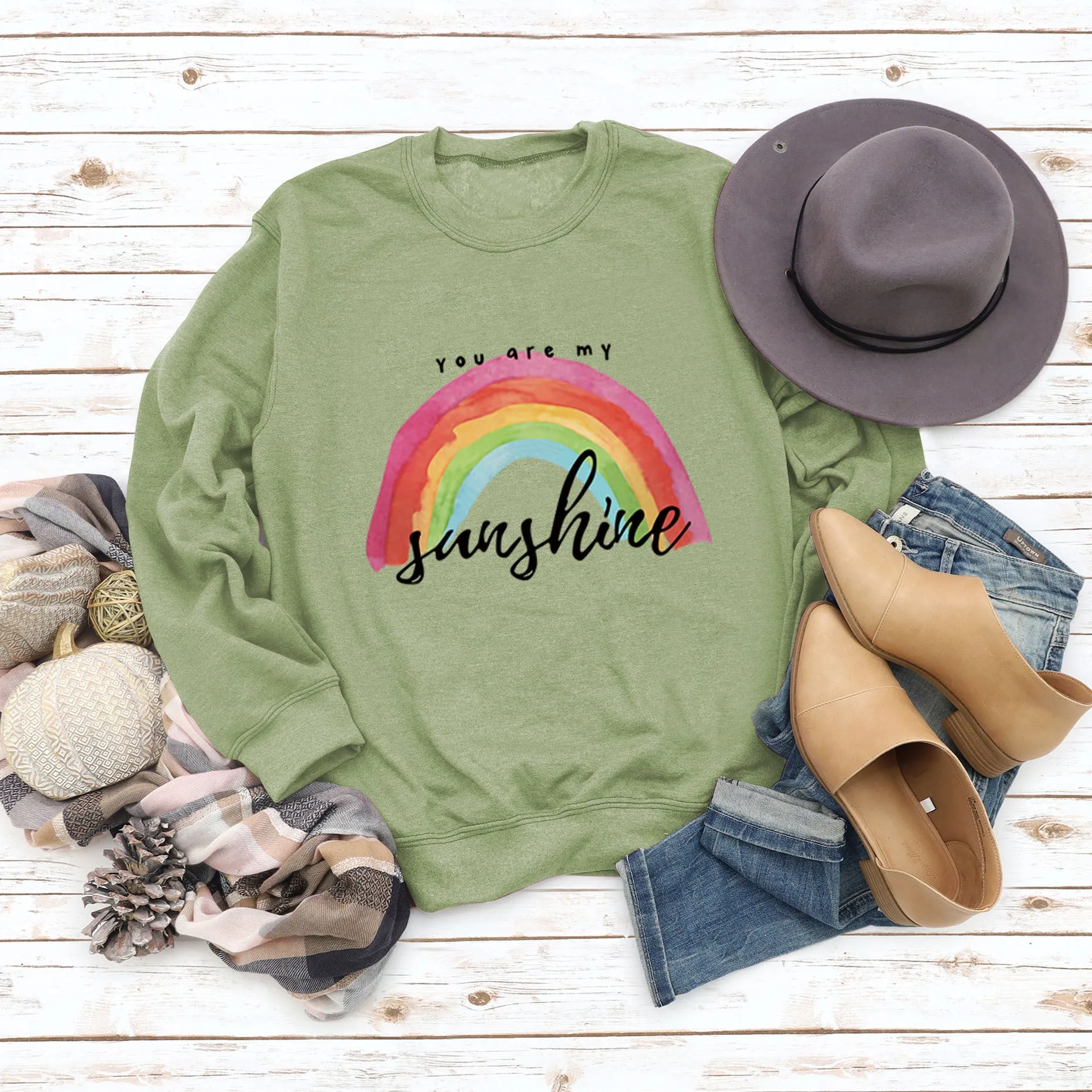 You Are My Sunshine Rainbow Letter Print Sweater for Women