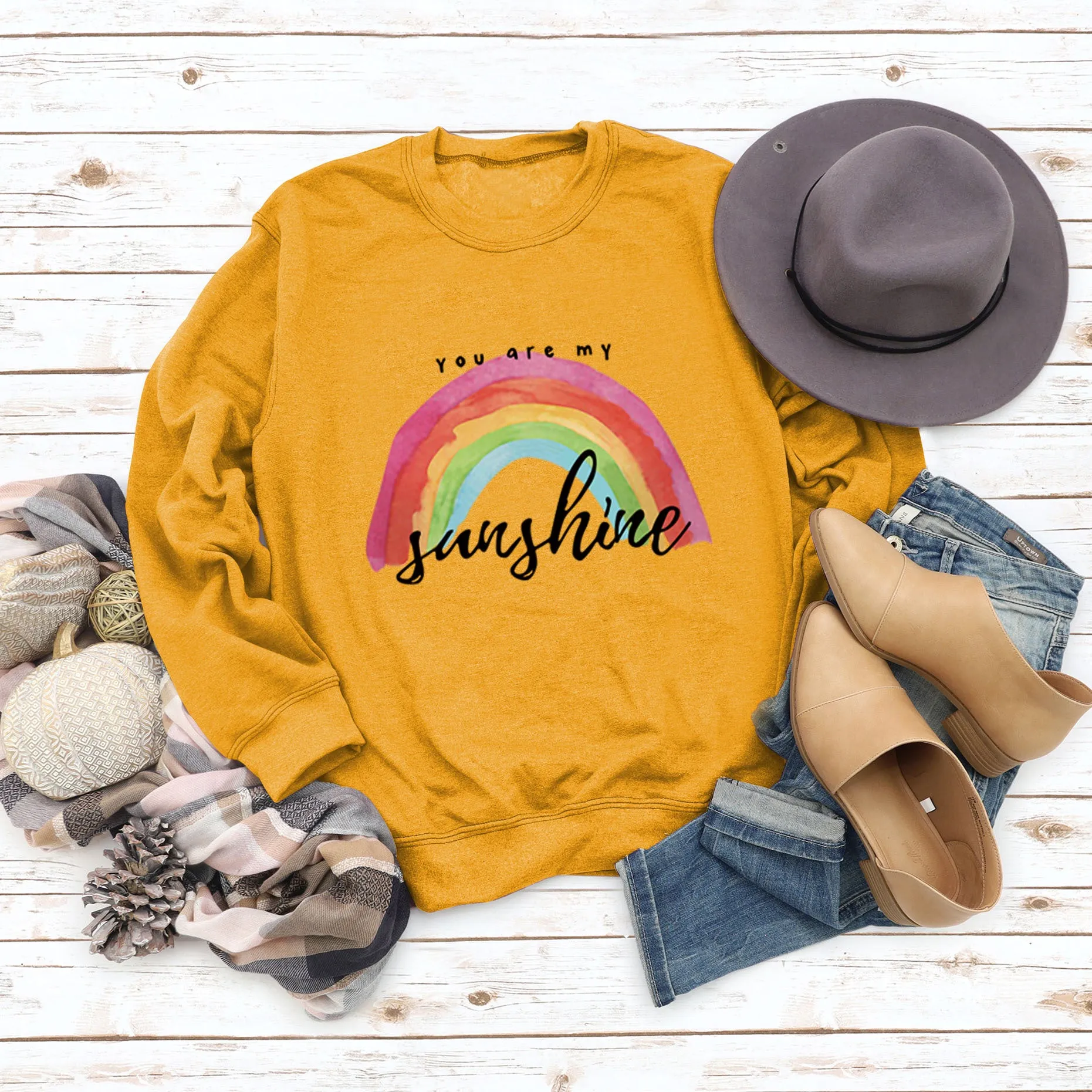 You Are My Sunshine Rainbow Letter Print Sweater for Women