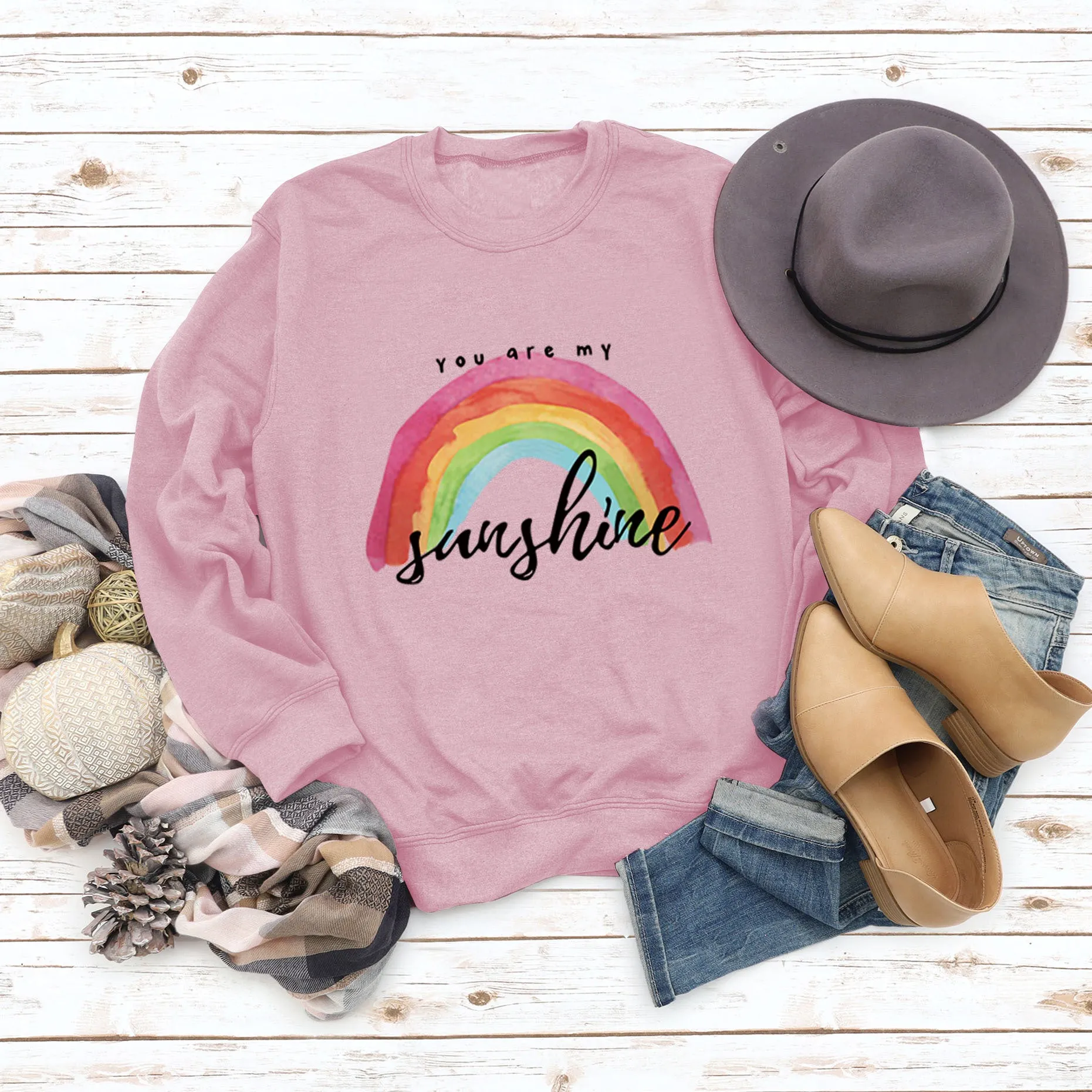 You Are My Sunshine Rainbow Letter Print Sweater for Women
