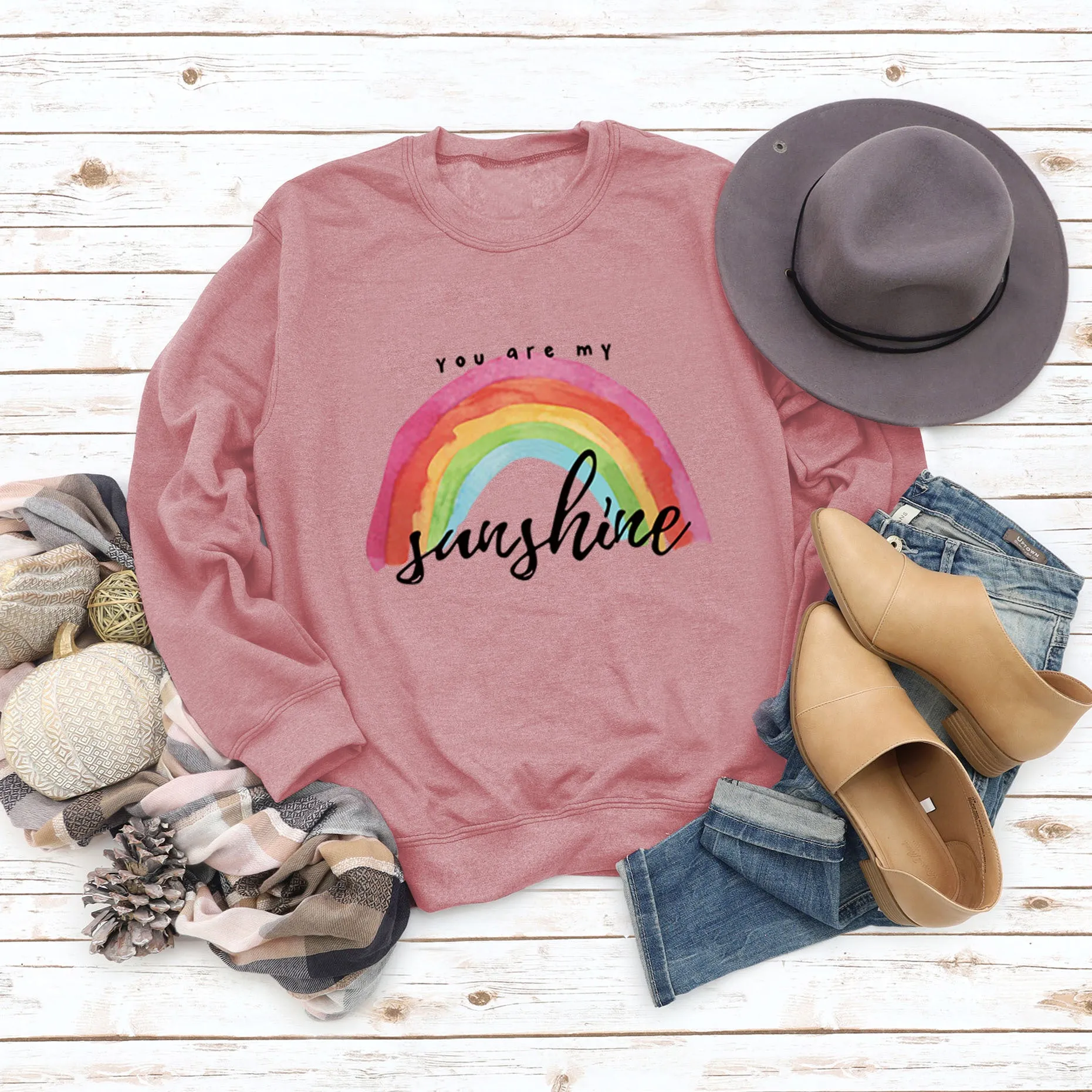 You Are My Sunshine Rainbow Letter Print Sweater for Women