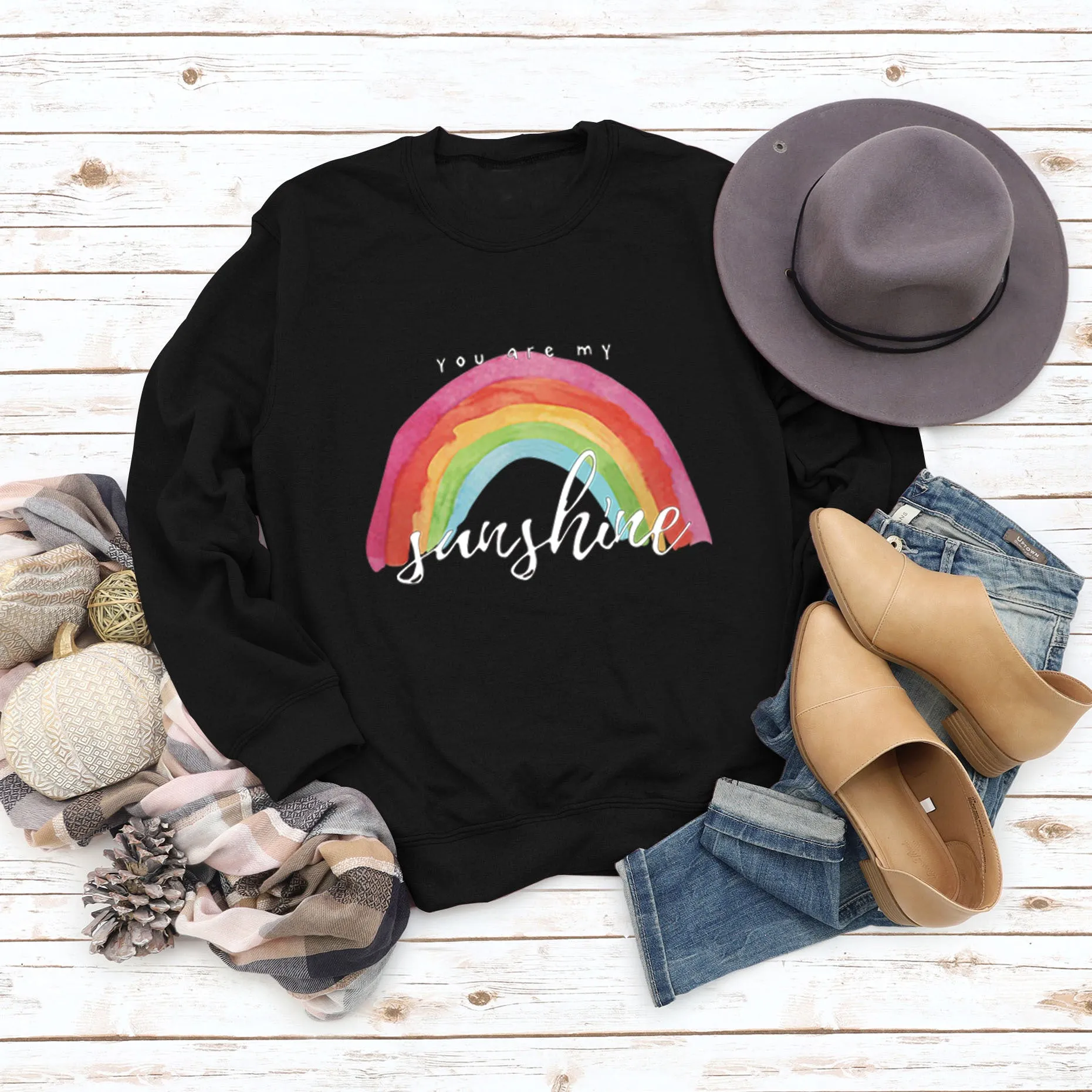 You Are My Sunshine Rainbow Letter Print Sweater for Women