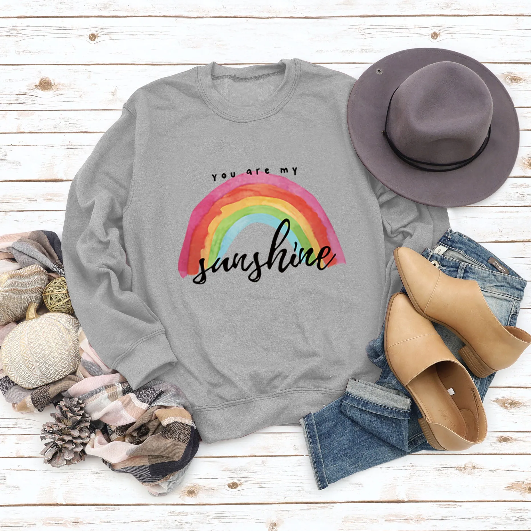 You Are My Sunshine Rainbow Letter Print Sweater for Women