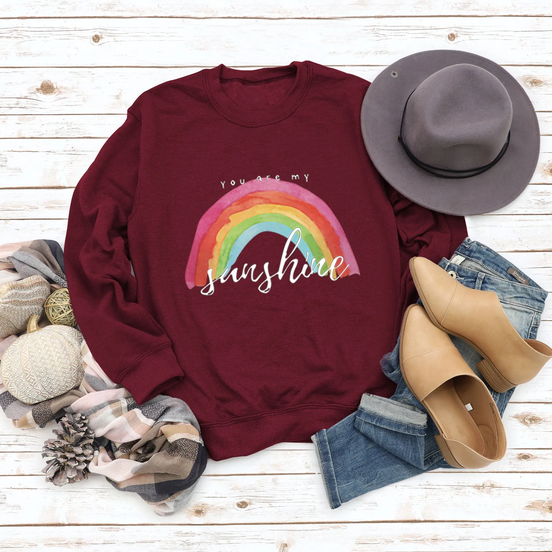 You Are My Sunshine Rainbow Letter Print Sweater for Women