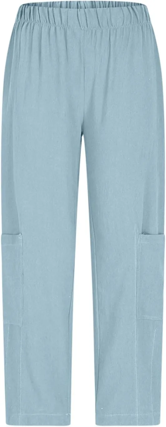 YRAETENM Womens Baggy Linen Pants Summer Casual Loose Elastic Waist Lounge Trousers Beach Palazzo Harem Pants with Pockets