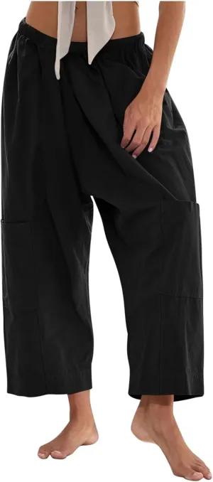 YRAETENM Womens Baggy Linen Pants Summer Casual Loose Elastic Waist Lounge Trousers Beach Palazzo Harem Pants with Pockets
