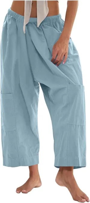 YRAETENM Womens Baggy Linen Pants Summer Casual Loose Elastic Waist Lounge Trousers Beach Palazzo Harem Pants with Pockets