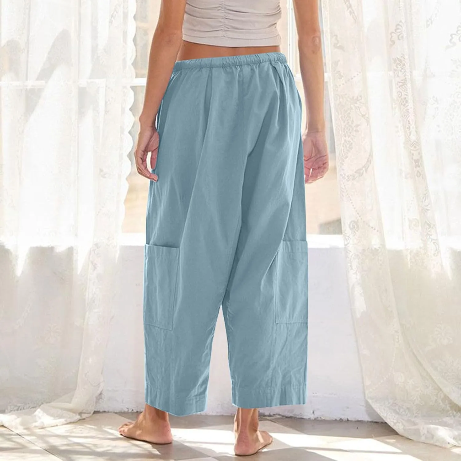 YRAETENM Womens Baggy Linen Pants Summer Casual Loose Elastic Waist Lounge Trousers Beach Palazzo Harem Pants with Pockets