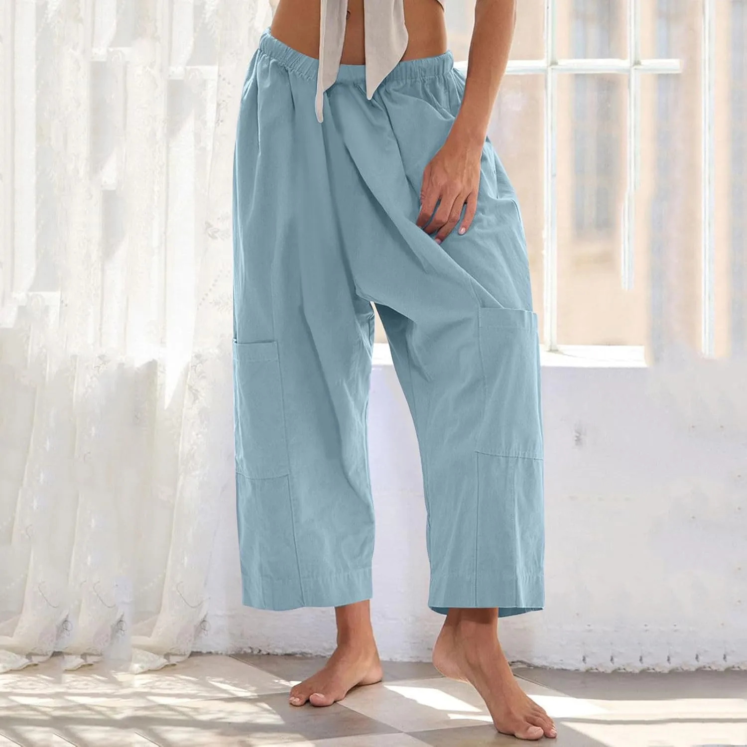 YRAETENM Womens Baggy Linen Pants Summer Casual Loose Elastic Waist Lounge Trousers Beach Palazzo Harem Pants with Pockets