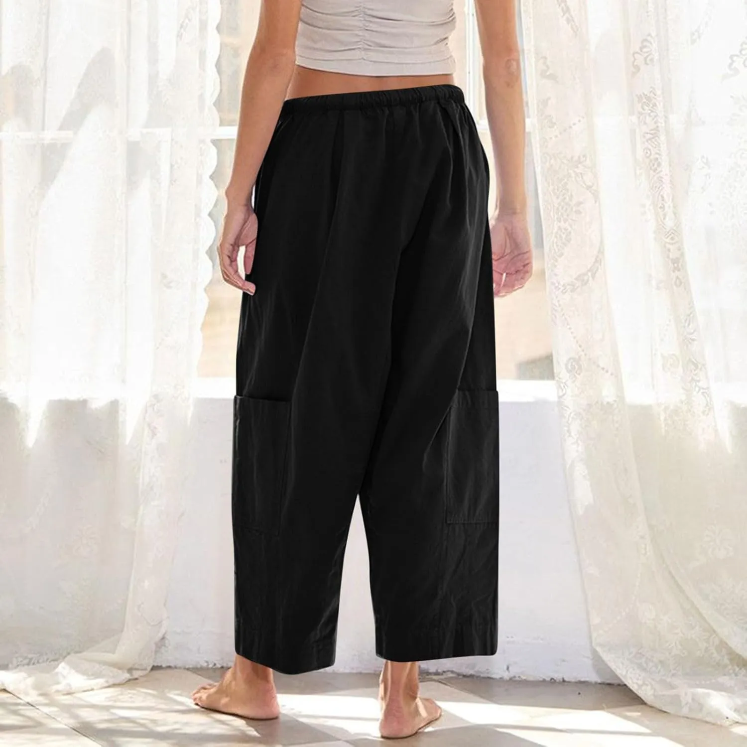 YRAETENM Womens Baggy Linen Pants Summer Casual Loose Elastic Waist Lounge Trousers Beach Palazzo Harem Pants with Pockets