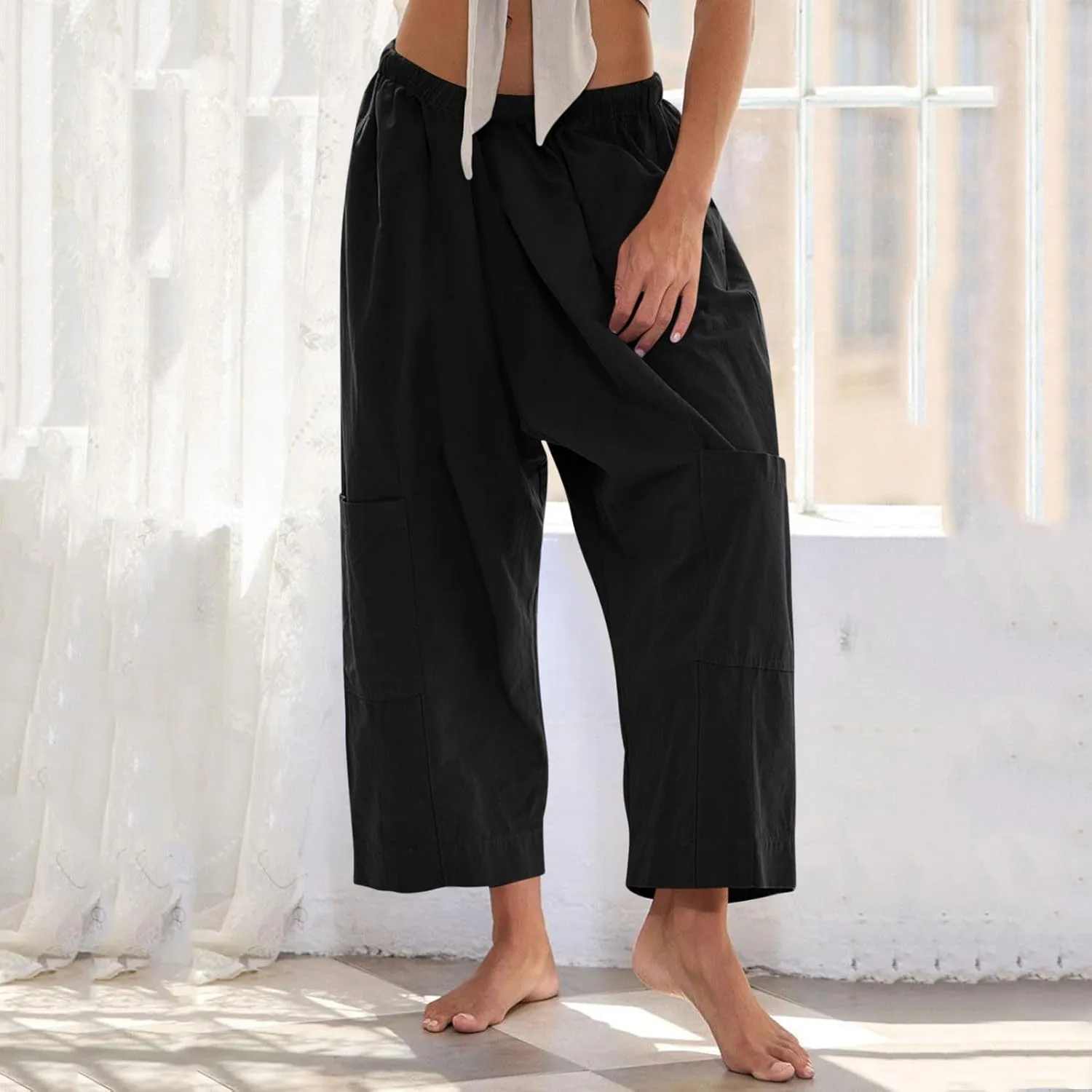 YRAETENM Womens Baggy Linen Pants Summer Casual Loose Elastic Waist Lounge Trousers Beach Palazzo Harem Pants with Pockets