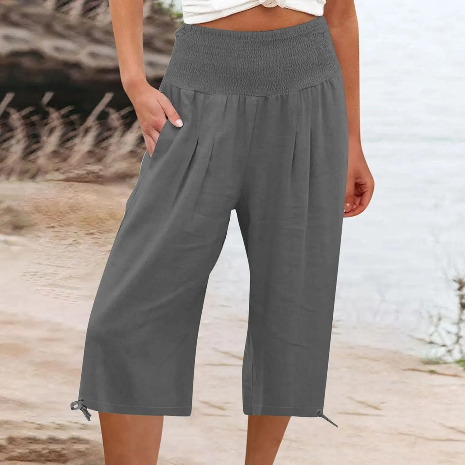 YRAETENM Women's Capri Pants Drawstring Elastic Waisted Cotton Linen Pants Loose Casual Wide Leg Capris Trousers with Pockets