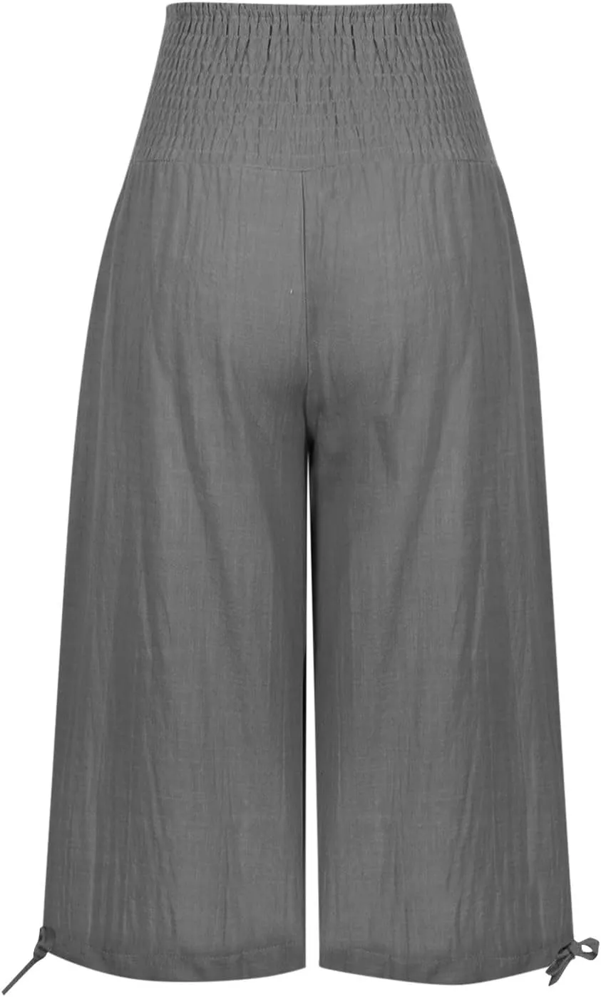 YRAETENM Women's Capri Pants Drawstring Elastic Waisted Cotton Linen Pants Loose Casual Wide Leg Capris Trousers with Pockets