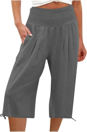 YRAETENM Women's Capri Pants Drawstring Elastic Waisted Cotton Linen Pants Loose Casual Wide Leg Capris Trousers with Pockets