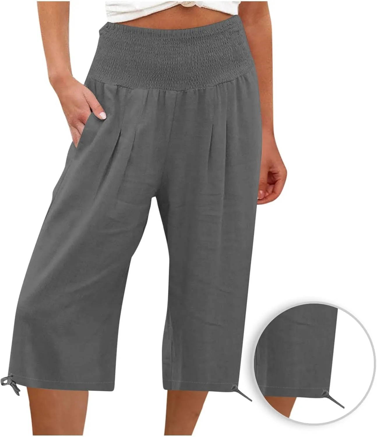YRAETENM Women's Capri Pants Drawstring Elastic Waisted Cotton Linen Pants Loose Casual Wide Leg Capris Trousers with Pockets