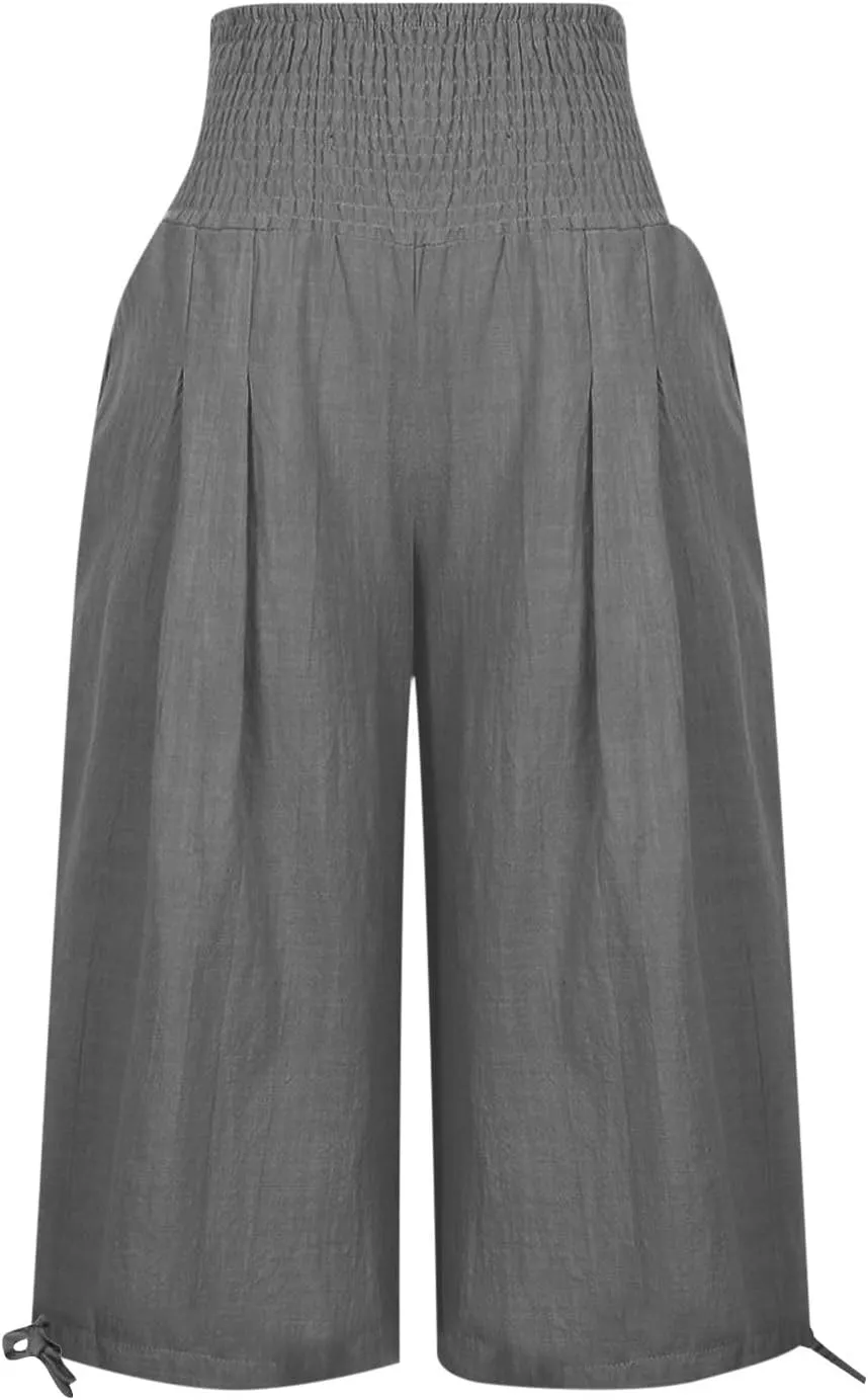 YRAETENM Women's Capri Pants Drawstring Elastic Waisted Cotton Linen Pants Loose Casual Wide Leg Capris Trousers with Pockets