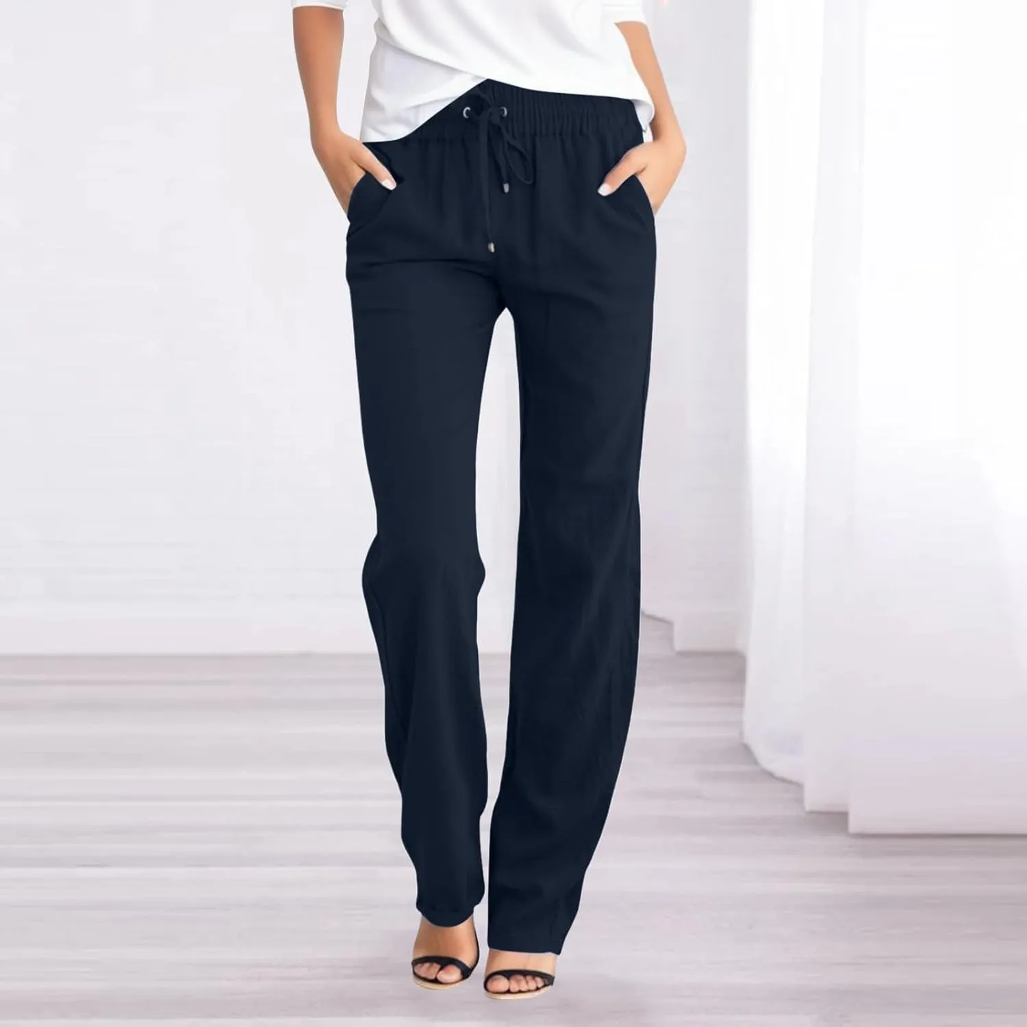 YRAETENM Womens Casual Cotton Linen Pants Summer Lightweight Loose Fit Elastic Waist Trousers Plus Size Lounge Long Trousers