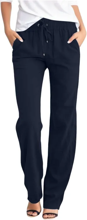 YRAETENM Womens Casual Cotton Linen Pants Summer Lightweight Loose Fit Elastic Waist Trousers Plus Size Lounge Long Trousers