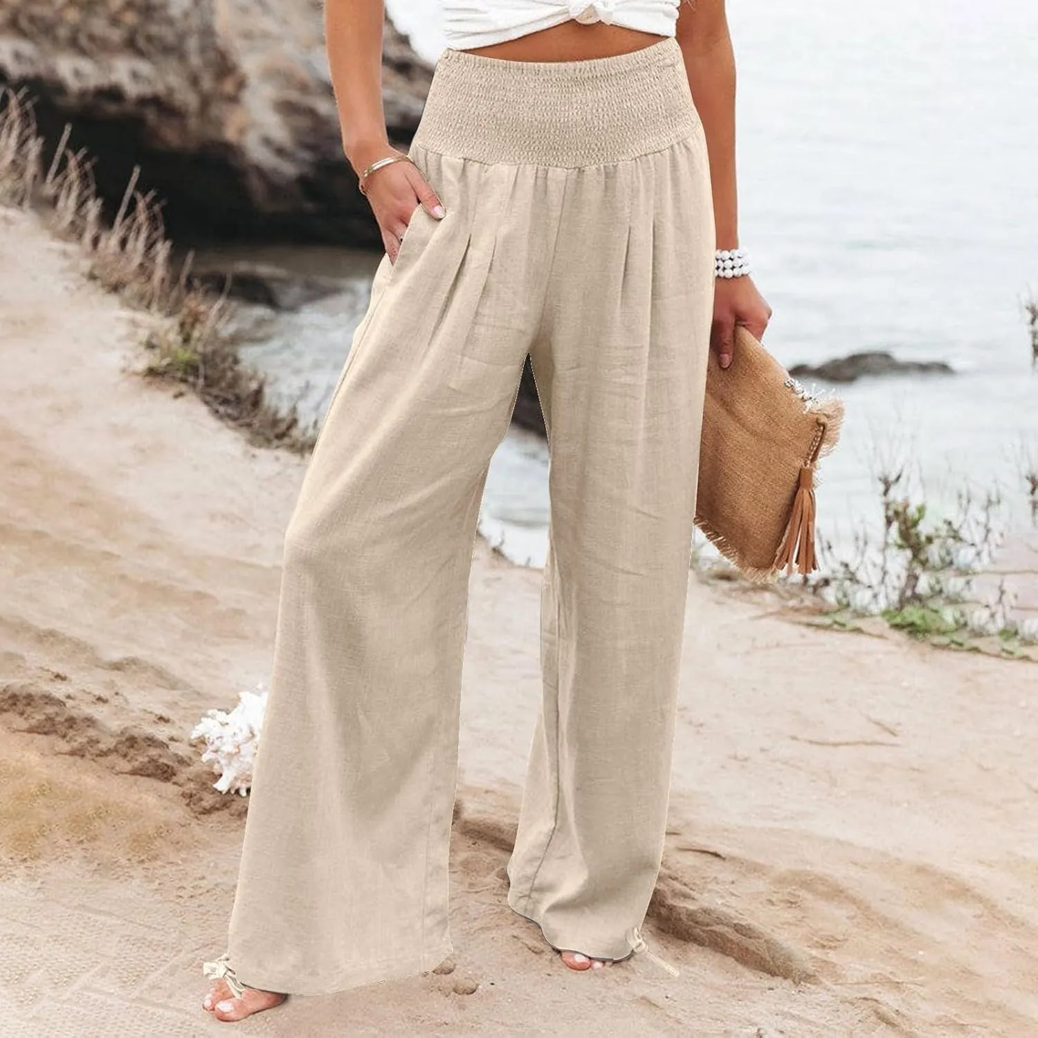 YRAETENM Womens Cotton Linen Palazzo Pants Summer Boho Wide Leg Lounge Pants Drawstring Casual Beach Trousers with Pockets