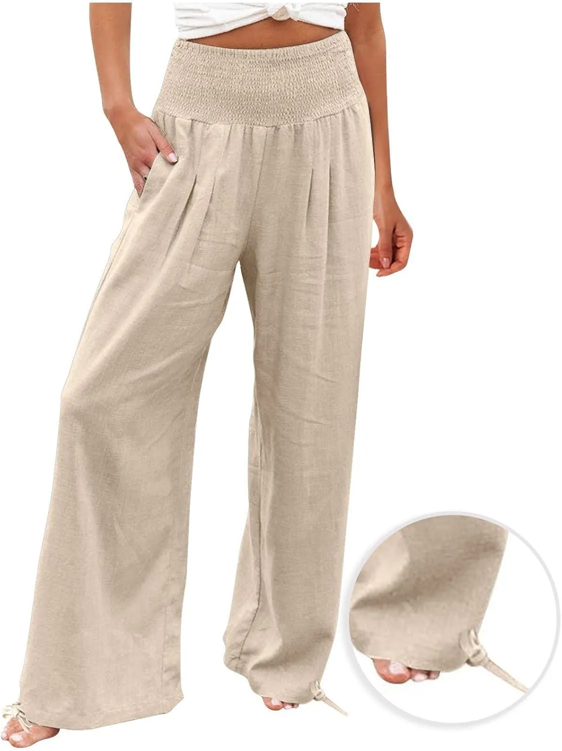 YRAETENM Womens Cotton Linen Palazzo Pants Summer Boho Wide Leg Lounge Pants Drawstring Casual Beach Trousers with Pockets