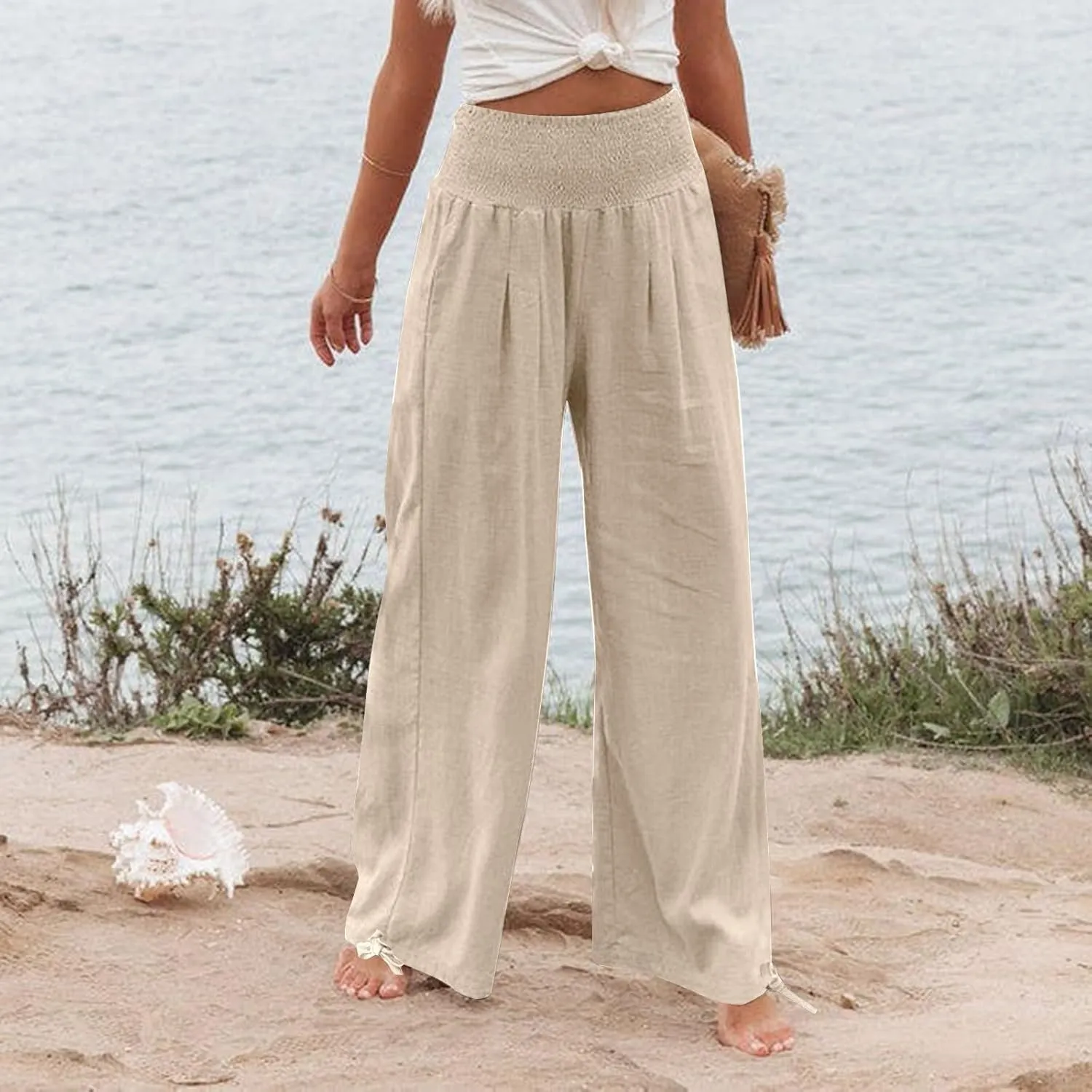 YRAETENM Womens Cotton Linen Palazzo Pants Summer Boho Wide Leg Lounge Pants Drawstring Casual Beach Trousers with Pockets