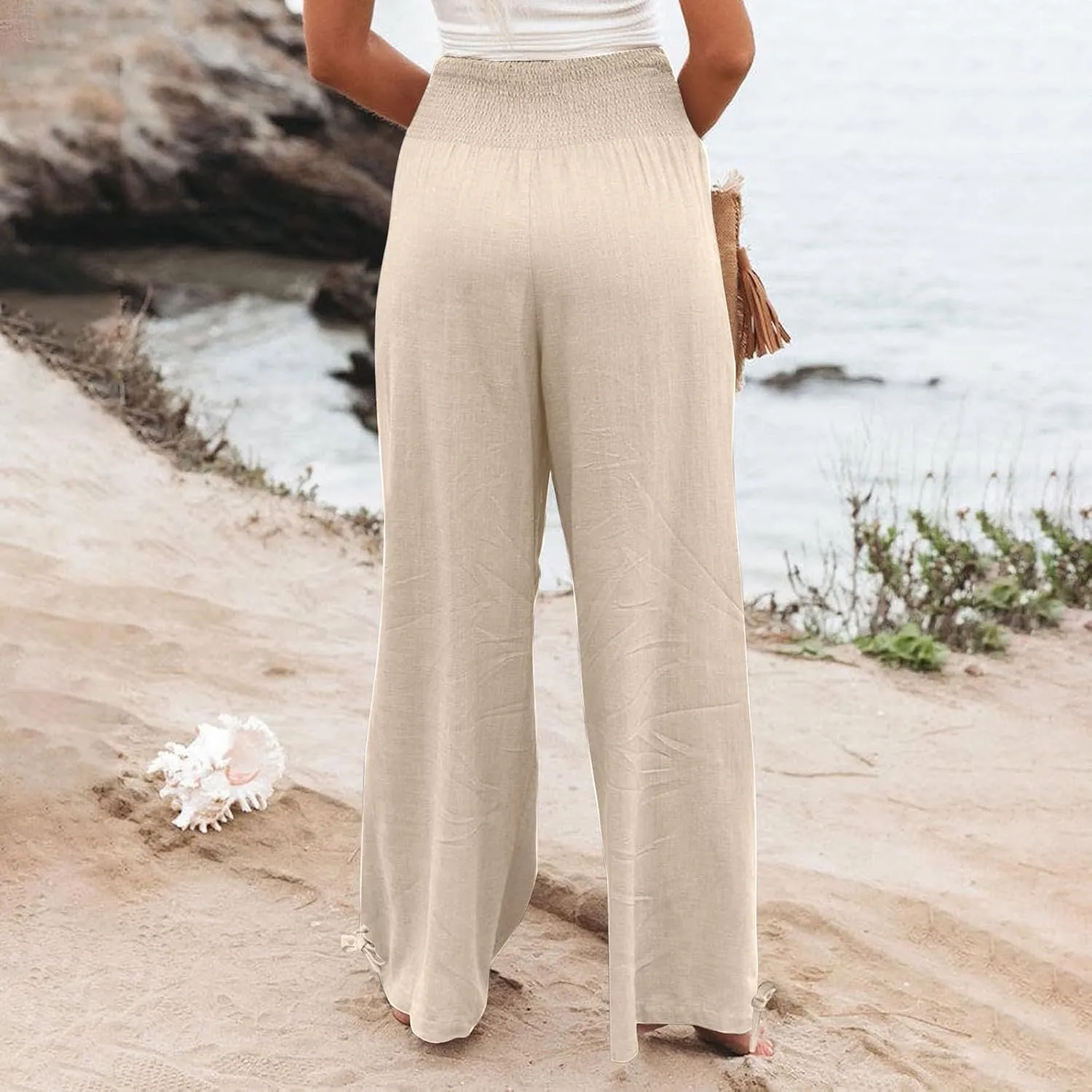 YRAETENM Womens Cotton Linen Palazzo Pants Summer Boho Wide Leg Lounge Pants Drawstring Casual Beach Trousers with Pockets