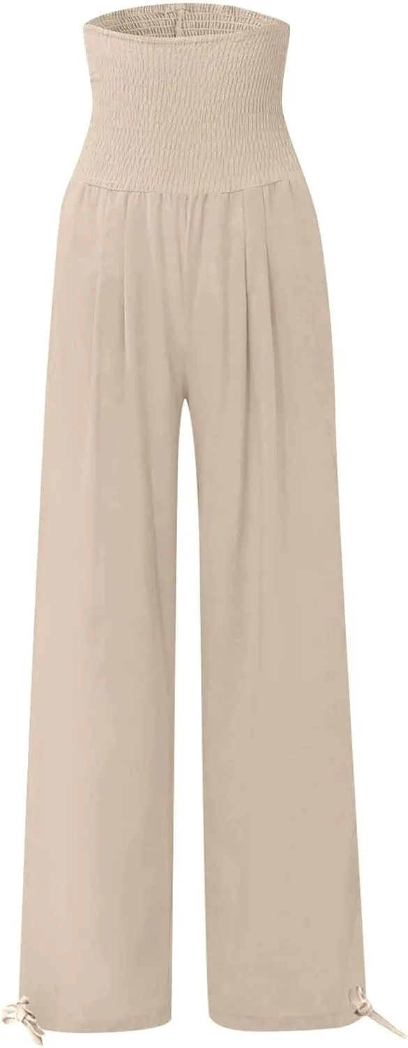 YRAETENM Womens Cotton Linen Palazzo Pants Summer Boho Wide Leg Lounge Pants Drawstring Casual Beach Trousers with Pockets