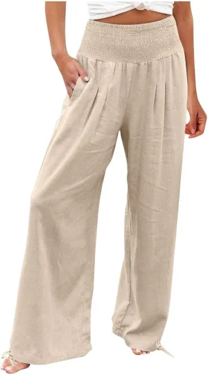 YRAETENM Womens Cotton Linen Palazzo Pants Summer Boho Wide Leg Lounge Pants Drawstring Casual Beach Trousers with Pockets