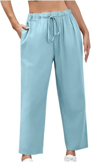 YRAETENM Womens Linen Pants High Waisted Lounge Pants Casual Wide Leg Pants Plus Size Baggy Slacks Trousers with Pockets