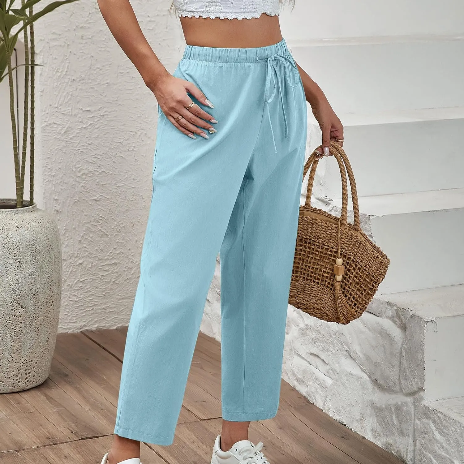 YRAETENM Womens Linen Pants High Waisted Lounge Pants Casual Wide Leg Pants Plus Size Baggy Slacks Trousers with Pockets