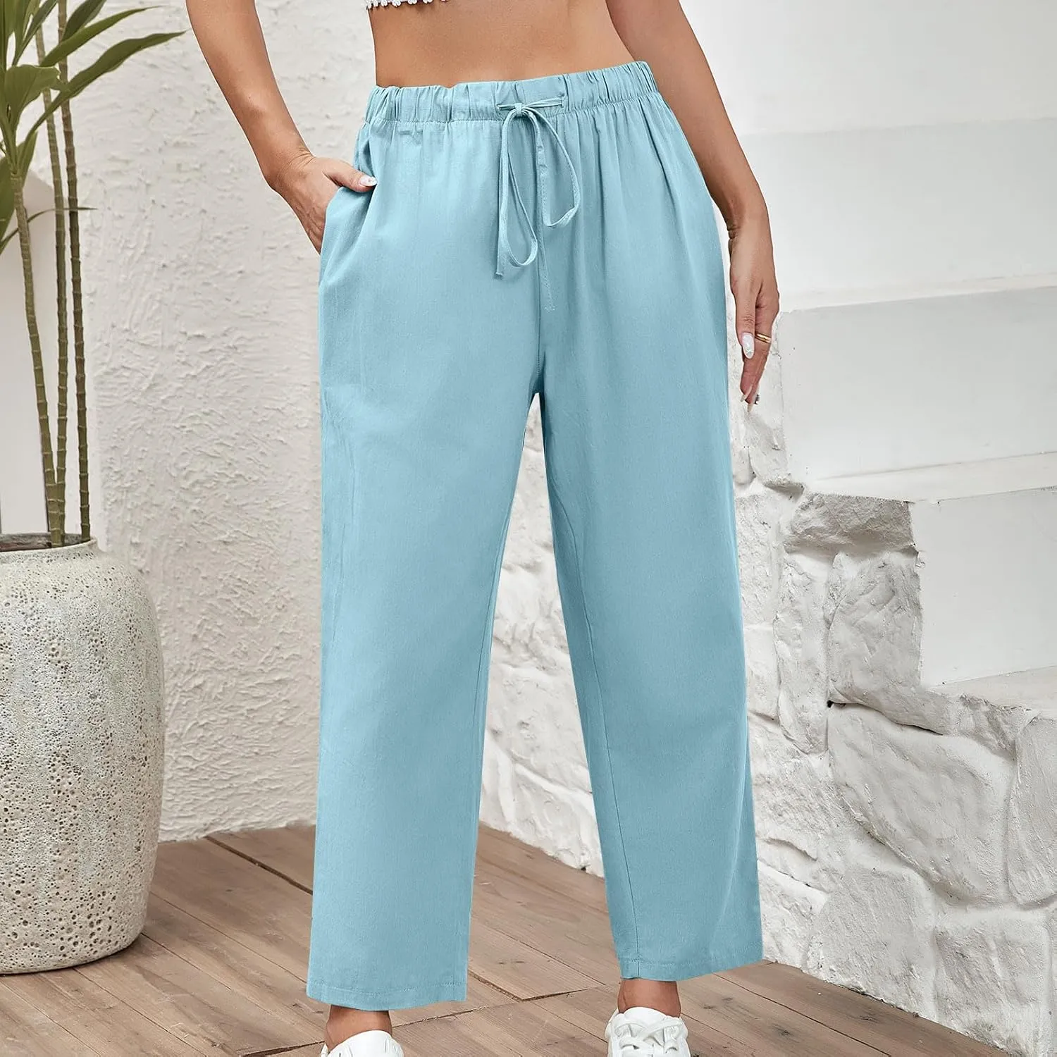 YRAETENM Womens Linen Pants High Waisted Lounge Pants Casual Wide Leg Pants Plus Size Baggy Slacks Trousers with Pockets