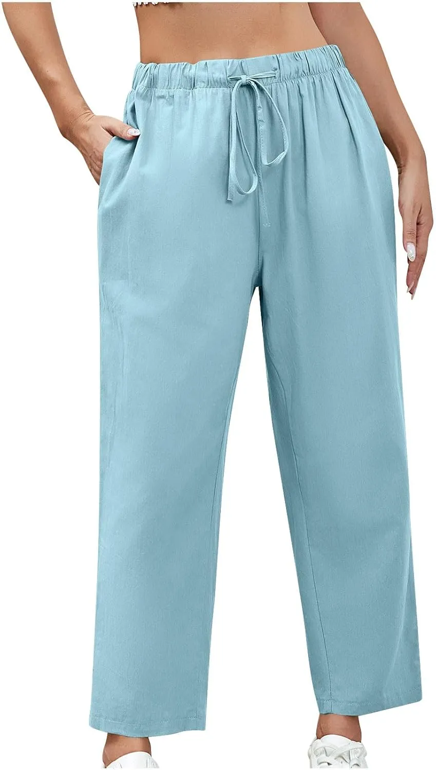 YRAETENM Womens Linen Pants High Waisted Lounge Pants Casual Wide Leg Pants Plus Size Baggy Slacks Trousers with Pockets