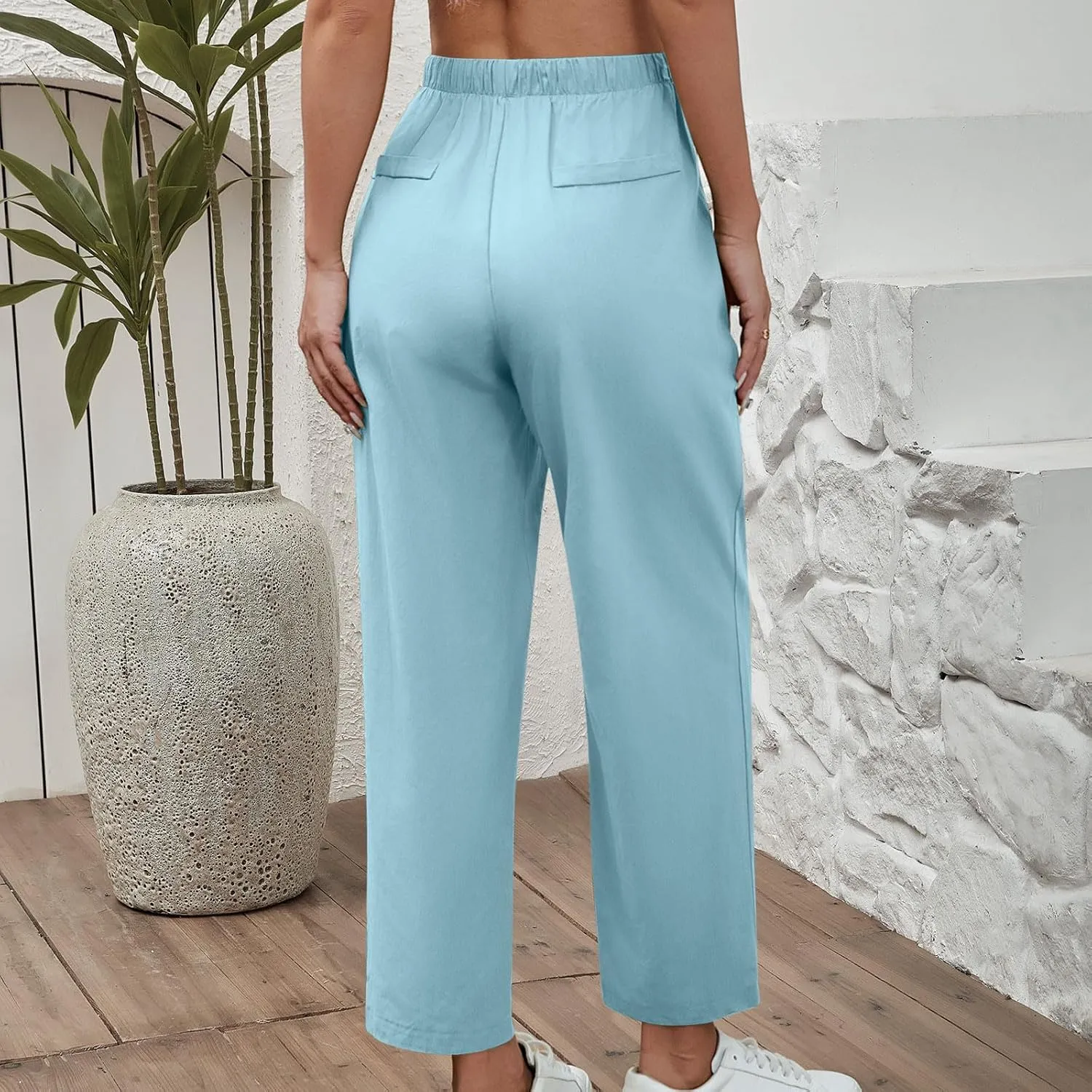 YRAETENM Womens Linen Pants High Waisted Lounge Pants Casual Wide Leg Pants Plus Size Baggy Slacks Trousers with Pockets