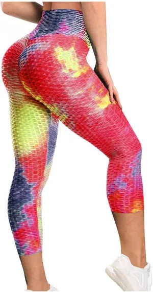 ZHUER Women's Tie Dye Butt Lifting Leggings High Waisted Tummy Control Yoga Capri Pants Scrunch Booty Workout Cropped Pants