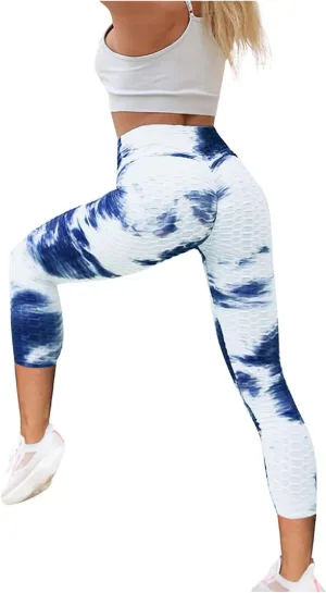 ZHUER Women's Tie Dye Butt Lifting Leggings High Waisted Tummy Control Yoga Capri Pants Scrunch Booty Workout Cropped Pants